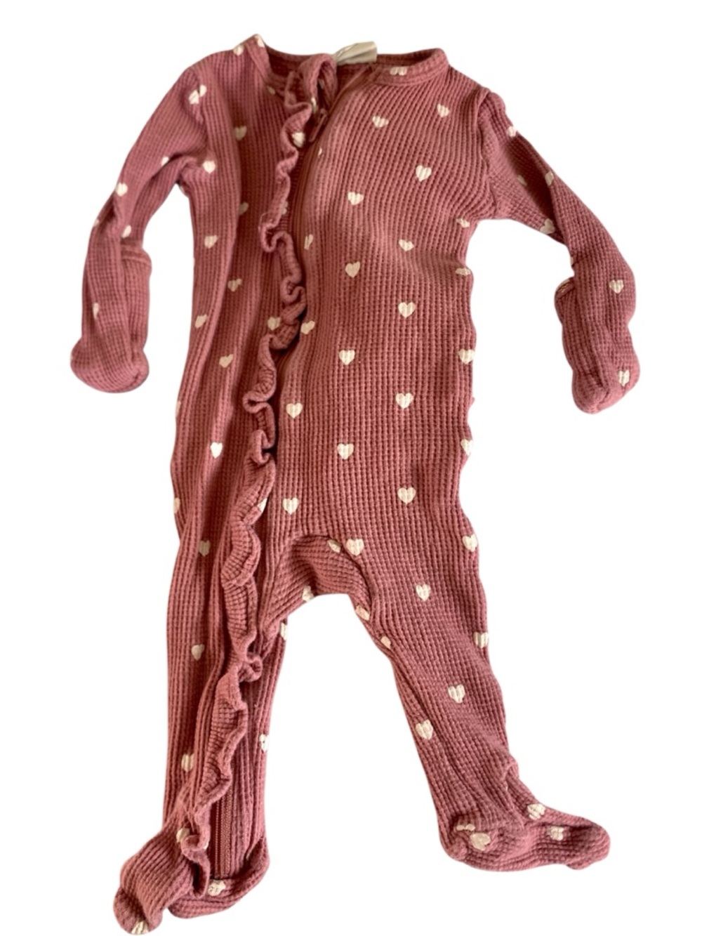 SpearmintLOVE Pink Heart Waffle Ruffle Zipper Footie Baby Girl Size 0-3 M Romper